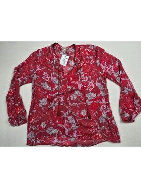 Lucky Brand Womens Floral Long Sleeve Blouse Red & Blue Tassels Medium